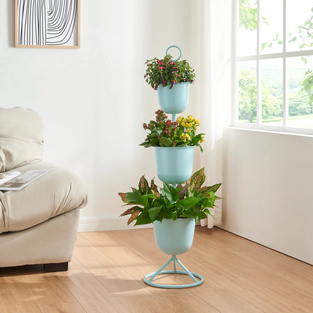 Stand Portapiante Alphen con 3 Vasi - Azzurro [en.casa]