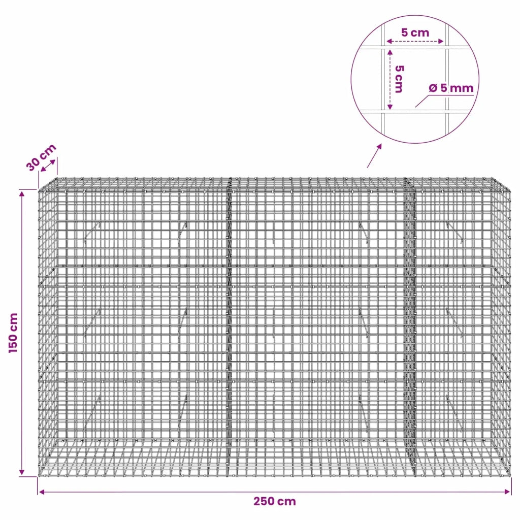 Gabione con filo da 5 mm e rete da 5x5 cm 250x30x150 cm 3464183