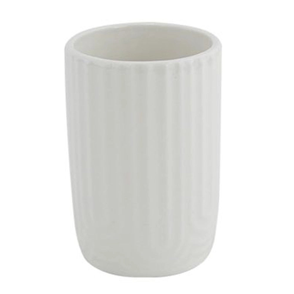Trade Shop - Bicchiere Porta Spazzolini Dentifricio Arredo Bagno In Ceramica Rigata Bianca 87803 -