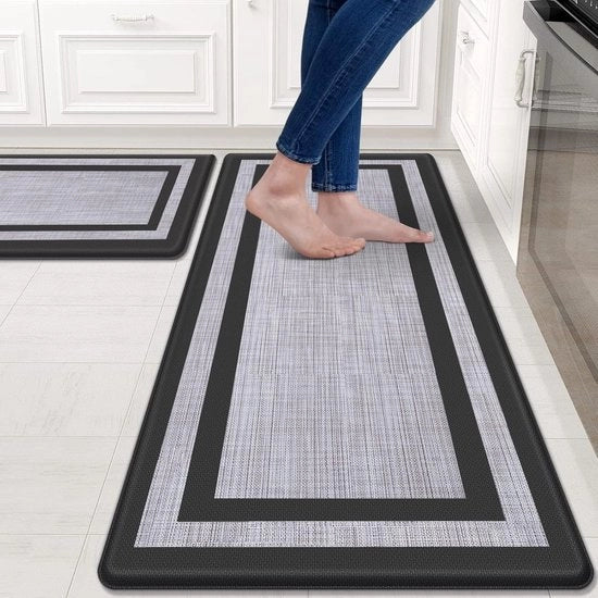 Set di 2 tappeti da cucina, set di tappeti anti-vermoeidheids con antislip, supporto ergonomico comodo per cucina, pavimento, ufficio, lavandino, area lavanderia, nero e grigio