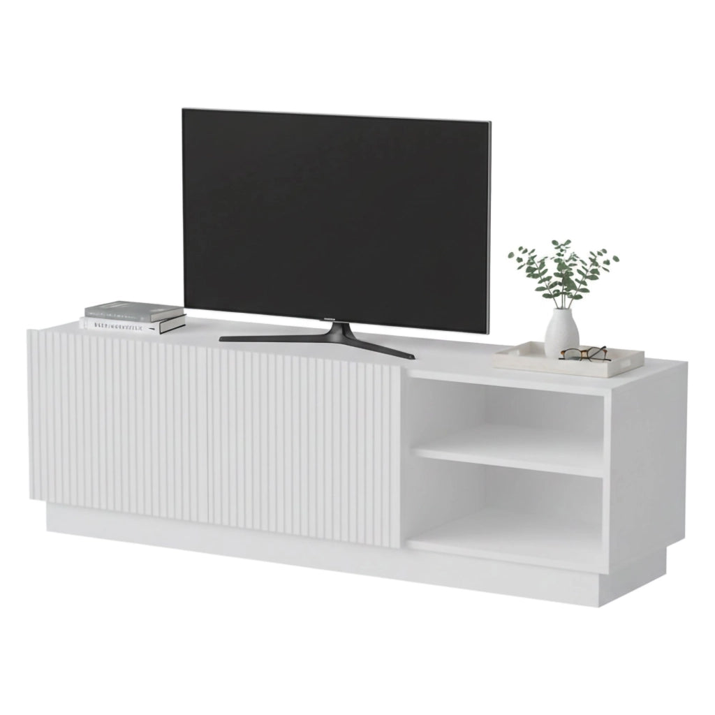 Mobile porta TV Finita, Madia da salotto con due ante battenti, Design minimal e moderno, 150x40 h48 cm, Bianco