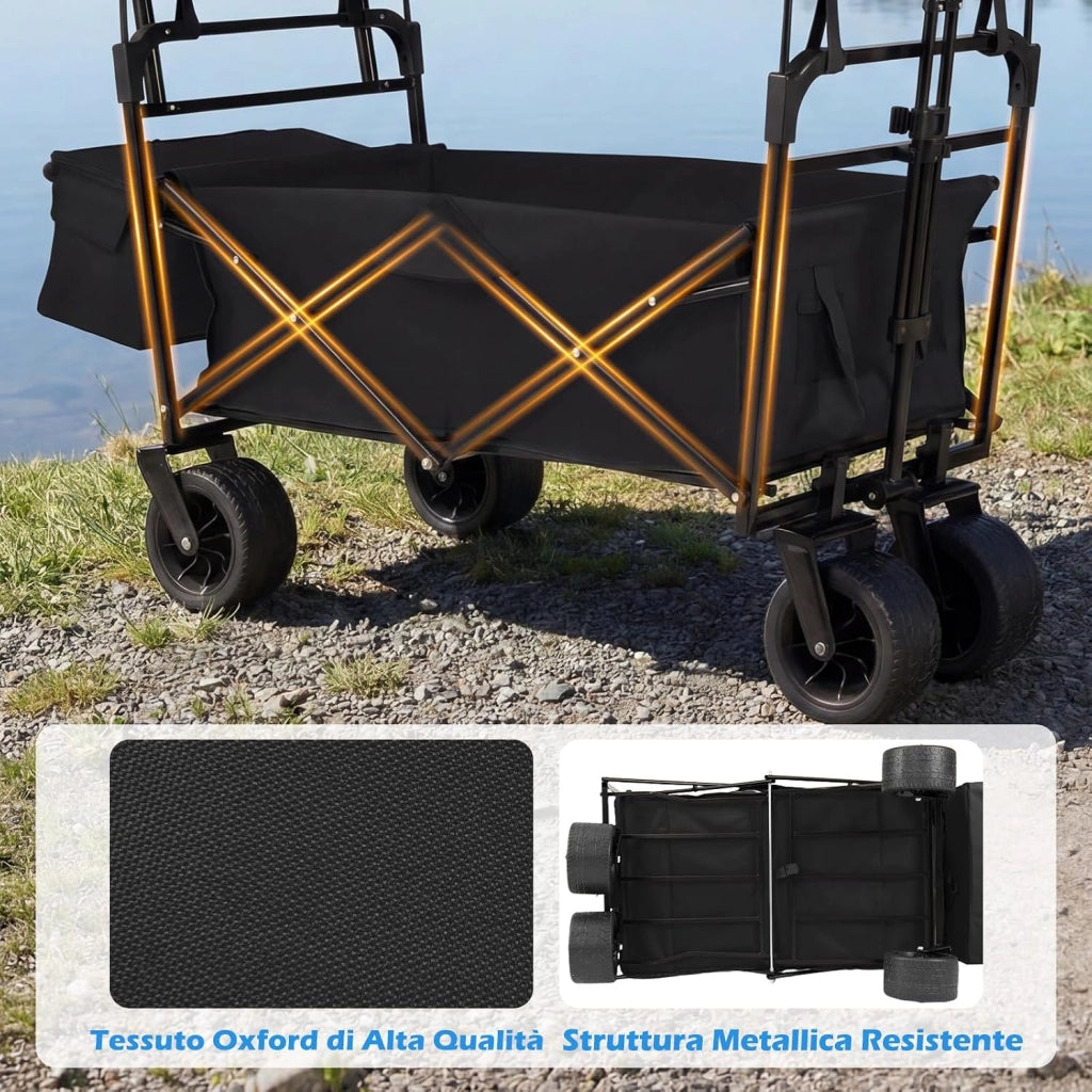 Carrello Pieghevole con Tetto, Carrello Trasportabile con Maniglia Regolabile, Borsa Portaoggetti e Ruote Grandi, Carrello da Giardino Capacità 100L, per Campeggio e Animali Domestici (Nero)