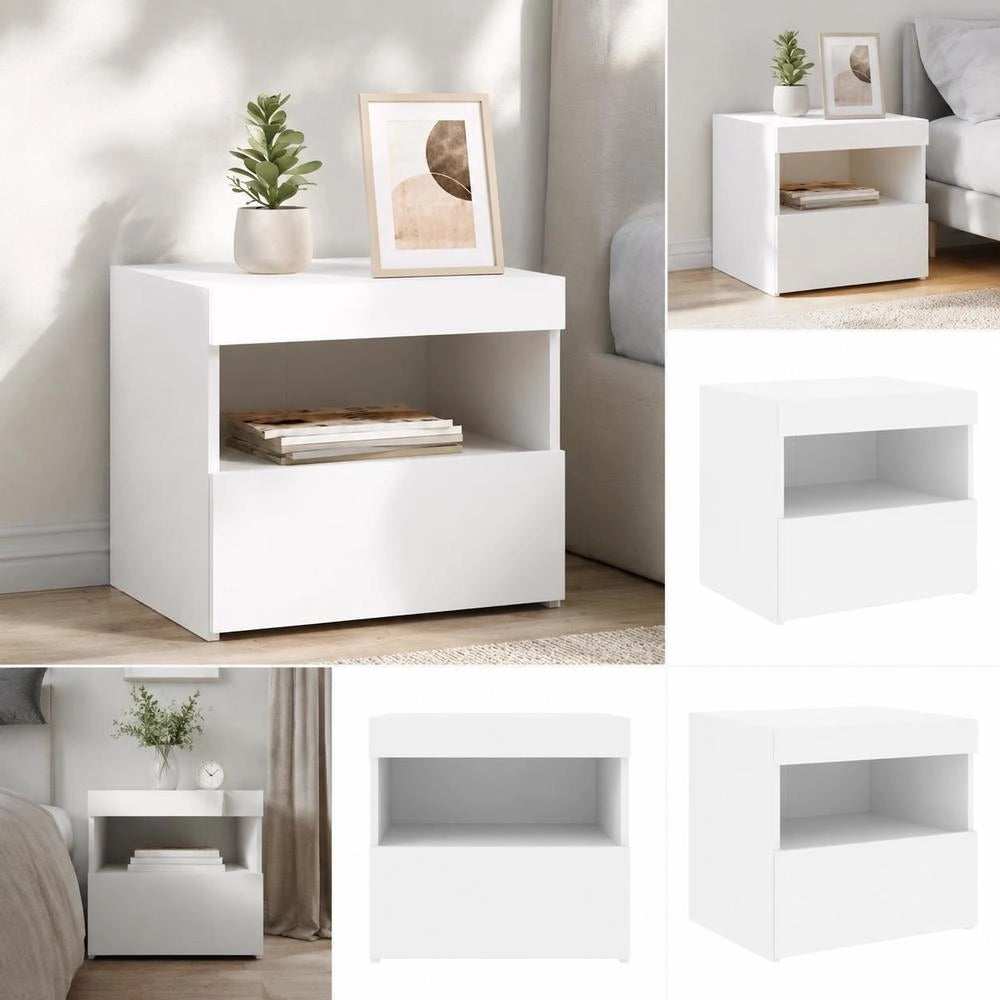 Bedside Table With LED Lights, White, 50x40x45 Cm