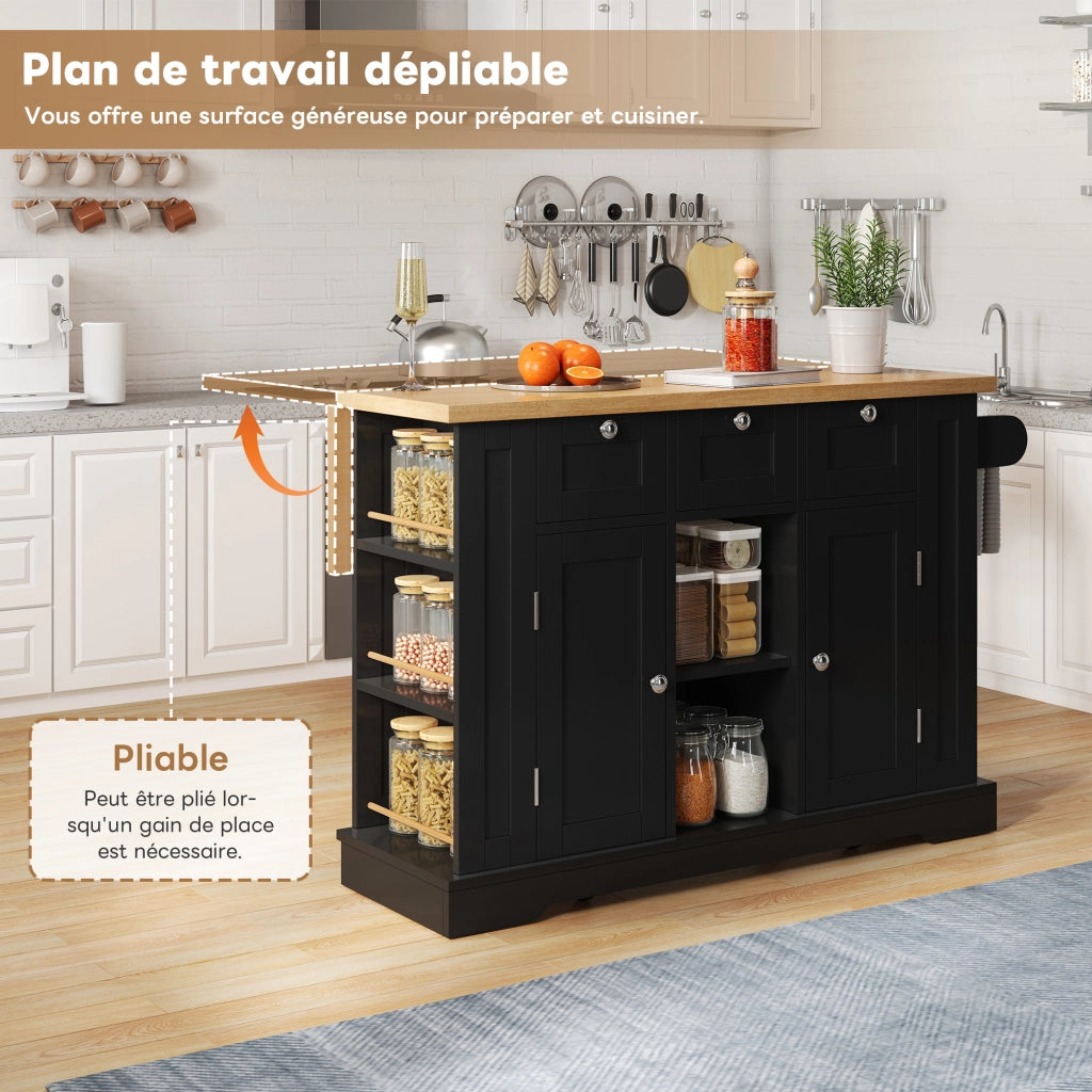 Carrello da Cucina con 3 Cassetti; 2 Ante; Ripiani Aperti; Presa e Portasciugamani; Cucina; in MDF; 132x40x87 cm; Naturale e Nero