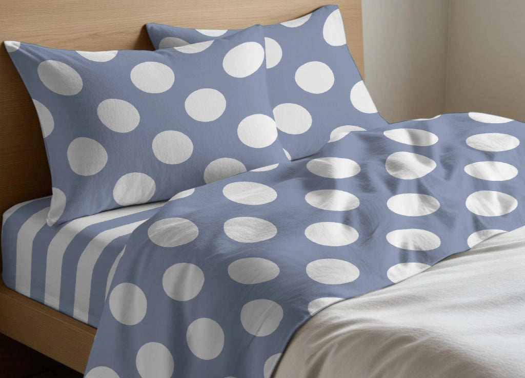 Completo Lenzuola Letto In 100% Cotone Made Italy Disegno Pois - Singolo - Azzurro