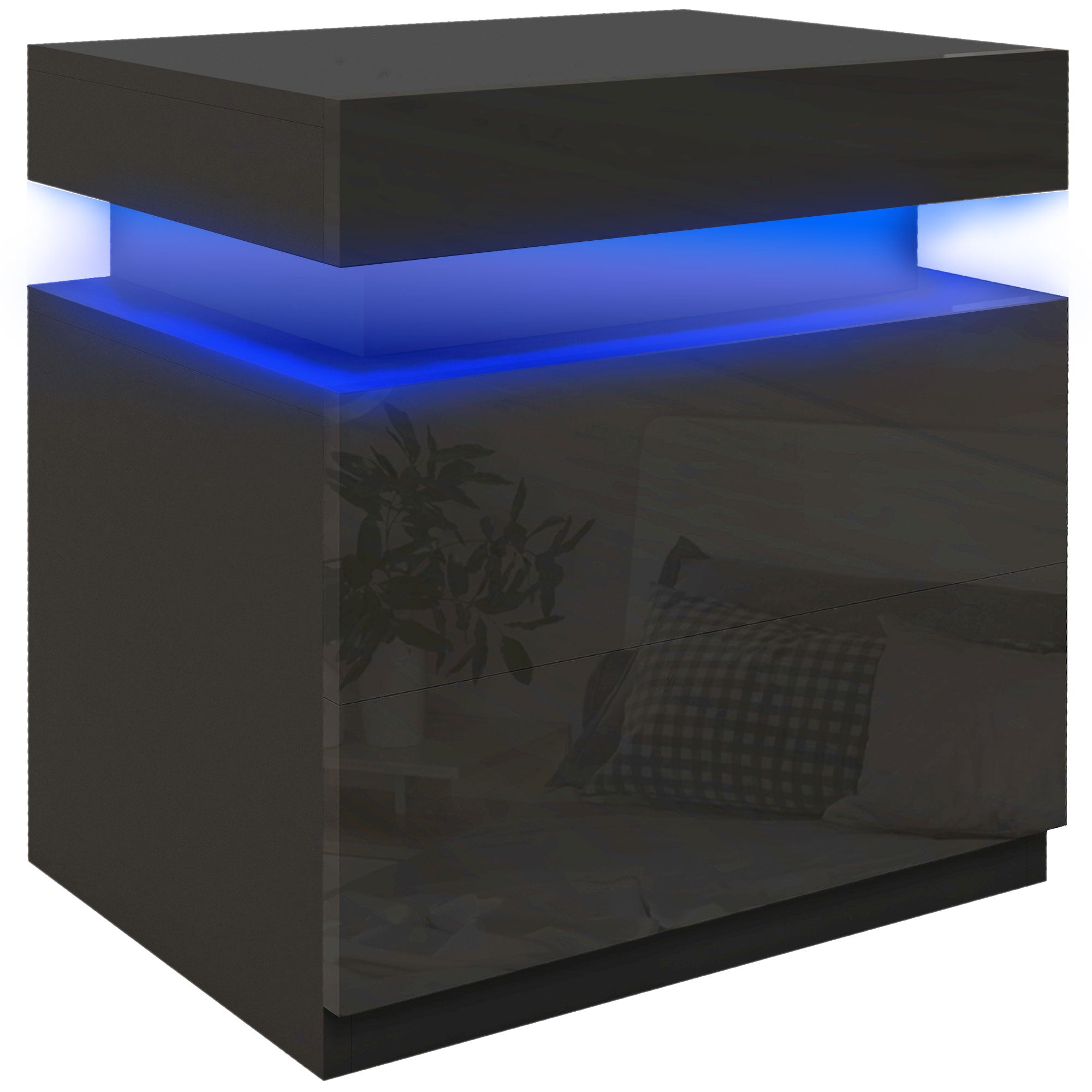 Comodino 45x35x52 cm Illuminazione LED a 16 Colori e 4 Modalità con 2 Cassetti in Legno Nero
