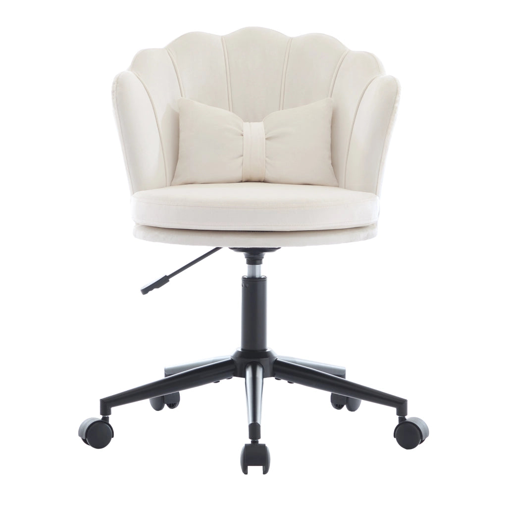 sedia da ufficio girevole regolabile in altezza con cuscino lombare e ruote in velluto beige