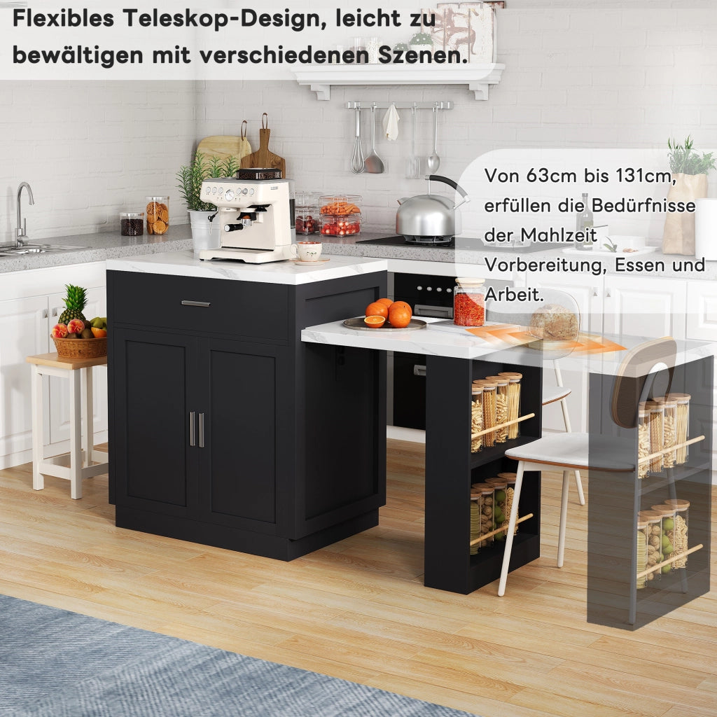 Isola da Cucina con 2 Cassetti; 1 Anta; Ripiano Regolabile; Tavolo Estensibile e Prese; in MDF; 211 x 55 x 89;5 cm; Nero