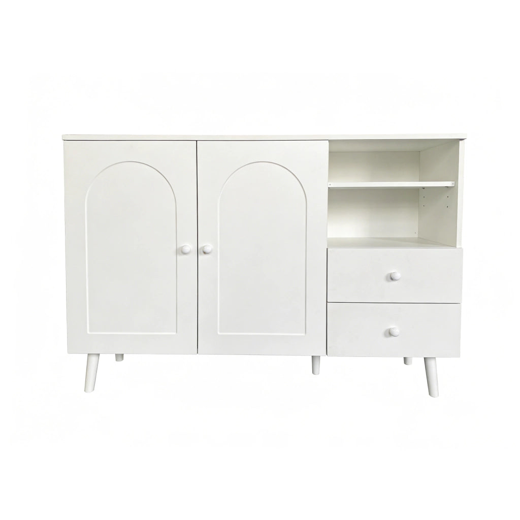 Credenza sideboard bianca con ante curve, 2 cassetti, vani a giorno e gambe in legno