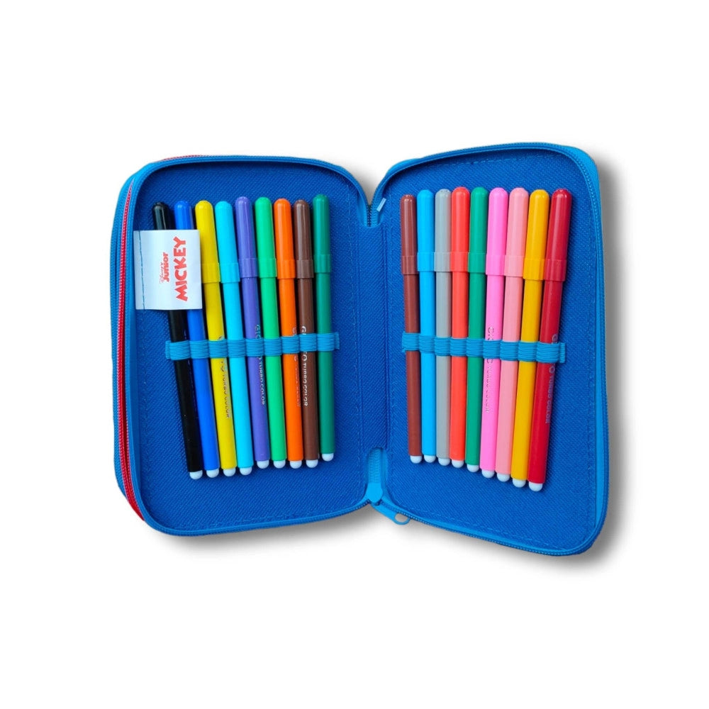 Trade Shop - Astuccio Portapastelli Scuola 3 Zip Topolino Accessoriato Pastelli Pennarelli Mm -