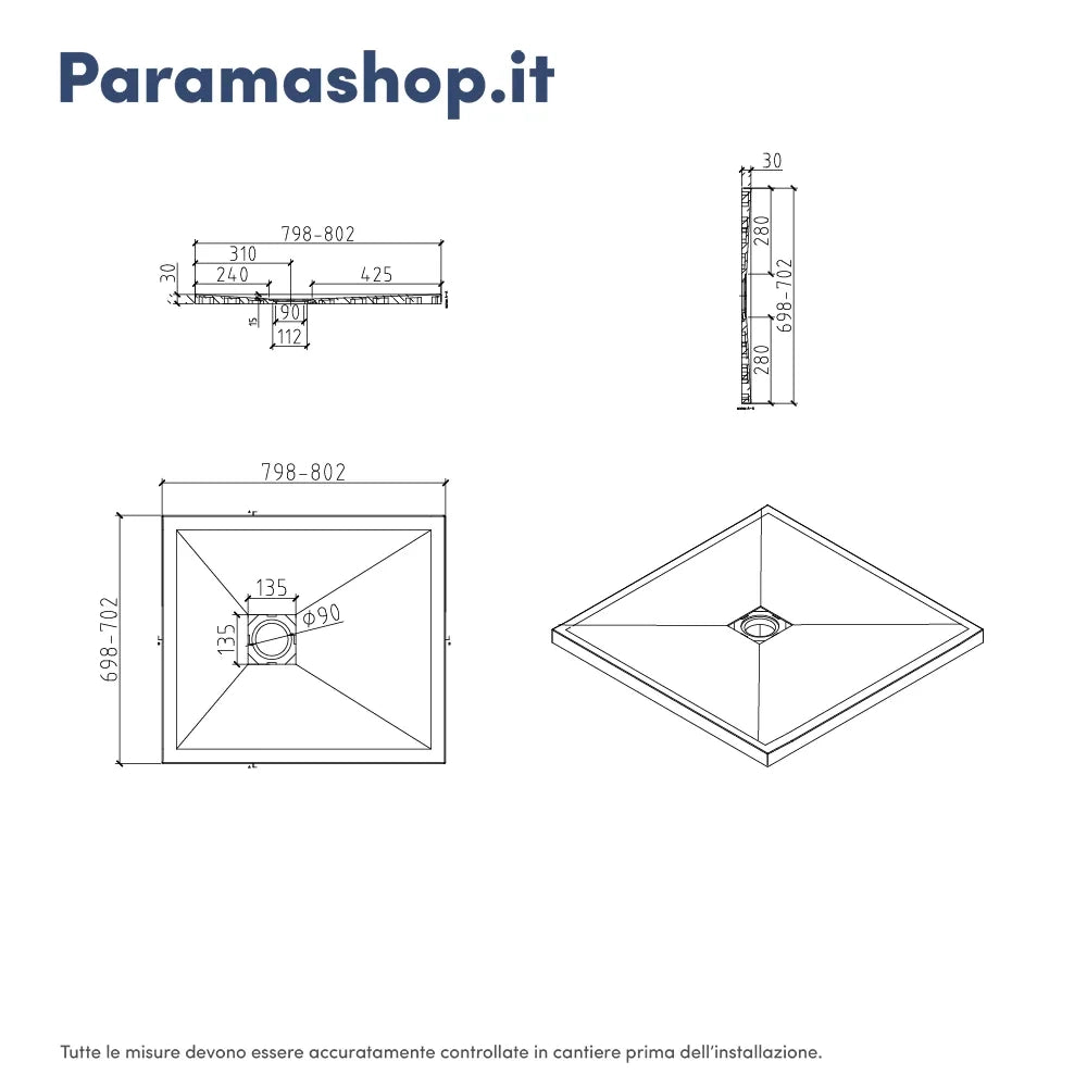 Piatto doccia rettangolare 70x80 cm in marmoresina bianco effetto pietra h3 cm | Milos