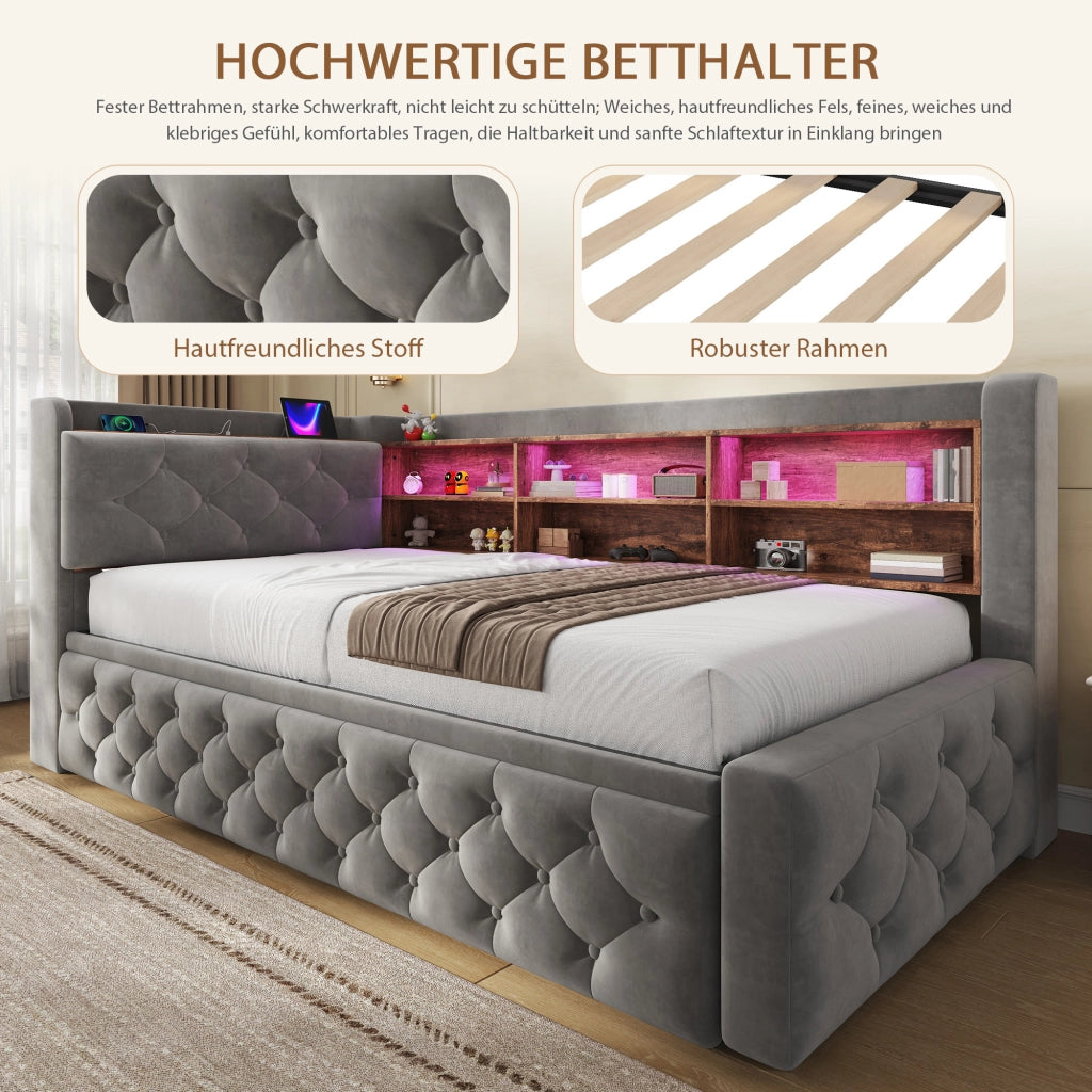 DIVANO LETTO Estraibile 90x190 cm Velluto Grigio Scuro con LED, USB e Type-C