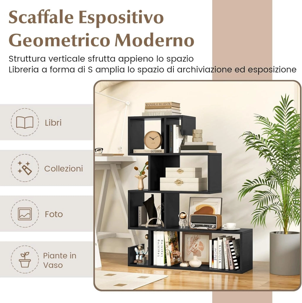 Libreria a Forma di S a 4 Ripiani, Scaffale Aperto Portaoggetti in Legno, Scaffale Verticale Separatore Multifunzionale, per Camera da Letto, Studio, Soggiorno, 80 x 22 x 100 cm (Nero)