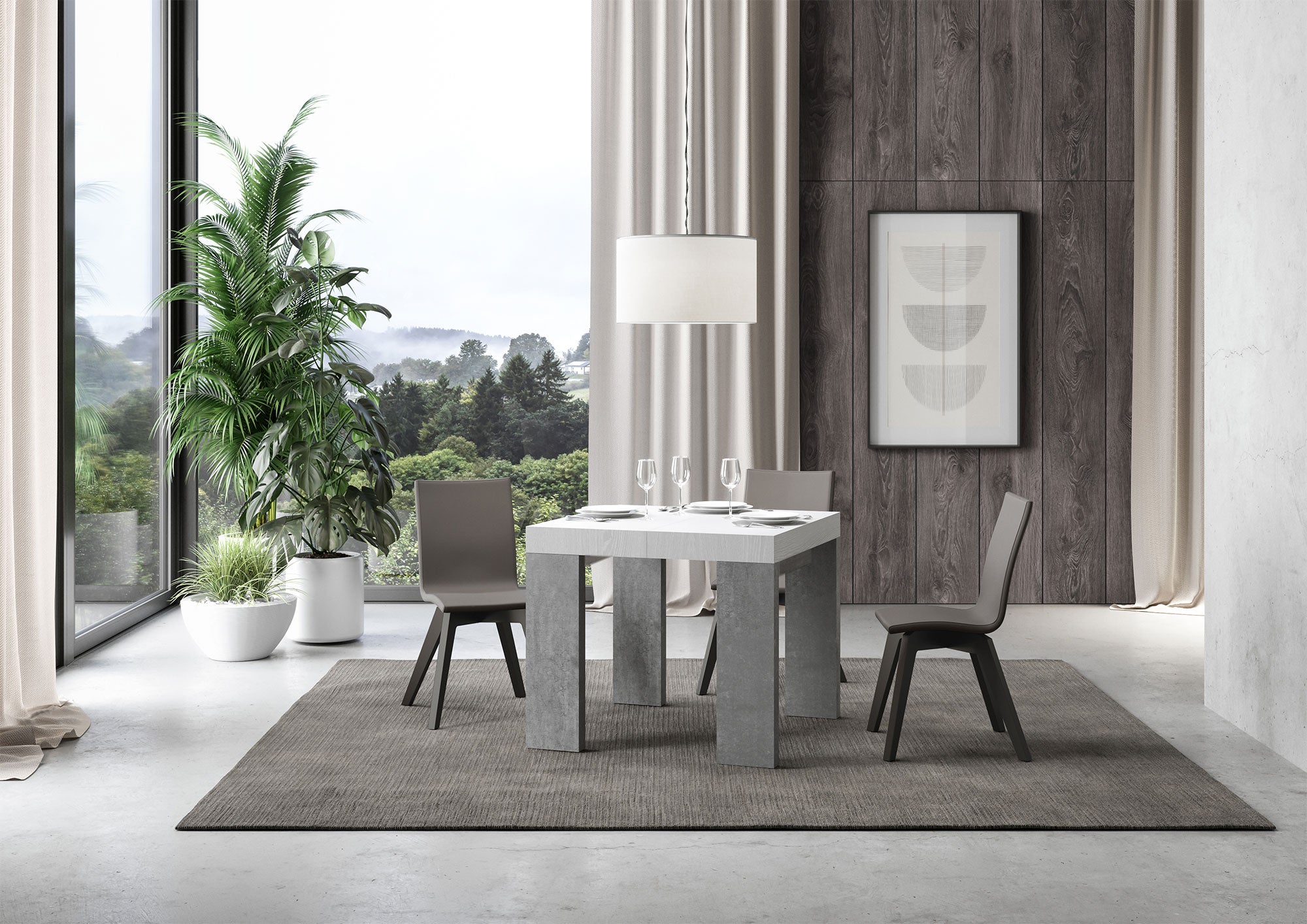 Tavolo Allungabile 90/246x90x77 cm Roxell Mix piano Bianco Frassino - gambe Cemento