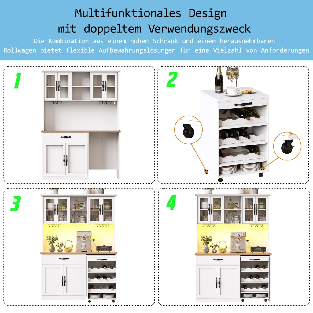 Credenza con LED dimmerabile e carrello estraibile, per cucina e sala da pranzo, in MDF, bianco, 140 × 38 × 180 cm