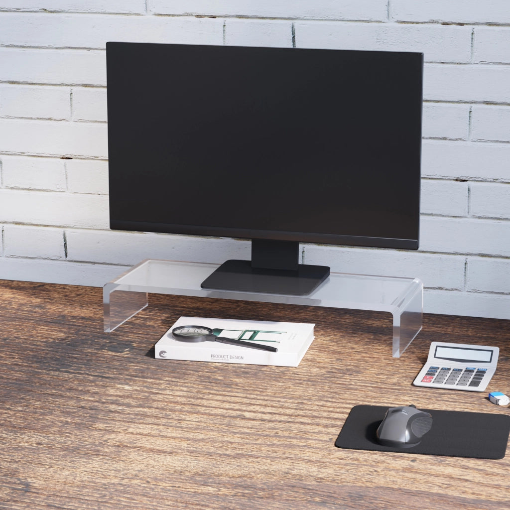 Supporto ergonomico in acrilico per monitor, compatibile con laptop, computer e notebook; trasparente, 53x19x9 cm.
