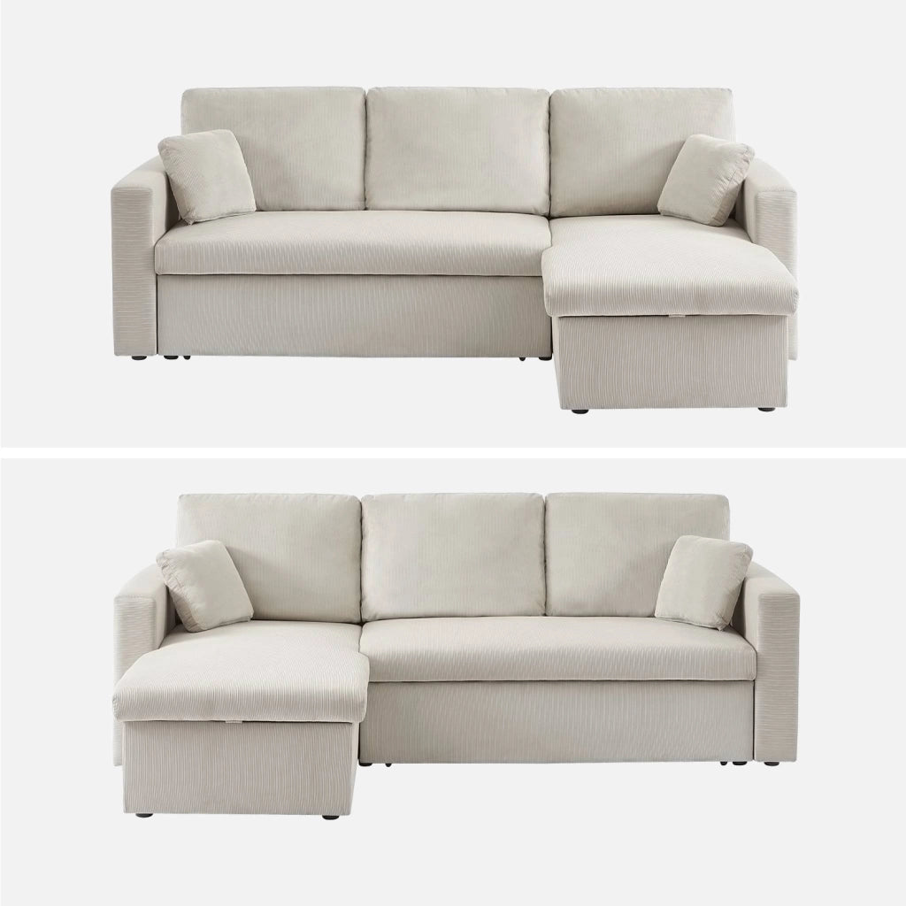 Divano letto angolare reversibile in velluto a coste, 3 posti, beige