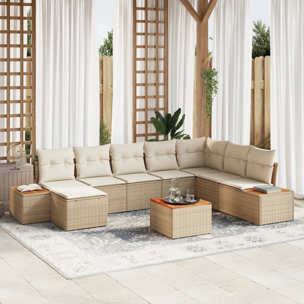 Set di divani da giardino 9 pezzi con cuscini Beige Polirattan Acacia