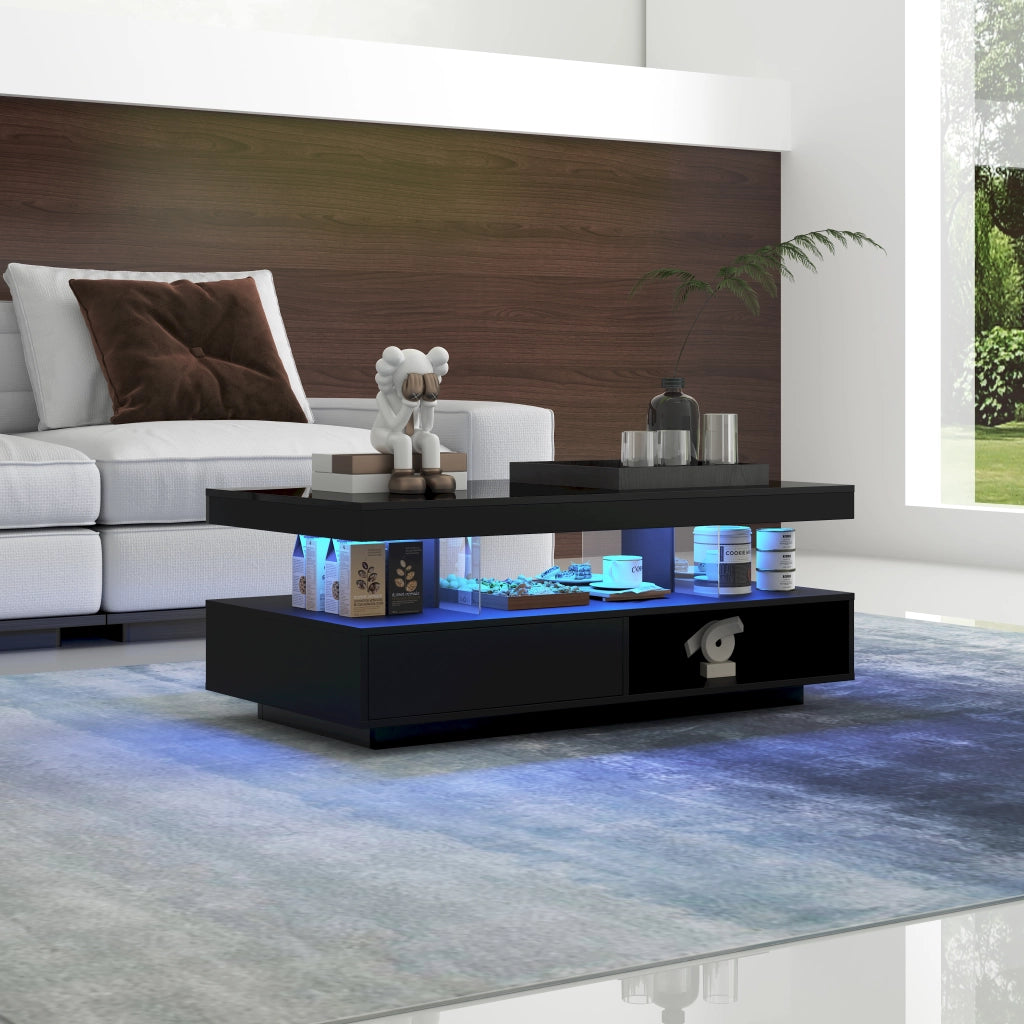 Tavolino da caff¨¨ nero lucido 95x50x42,5 cm con 4 inserti in vetro, 2 cassetti e 2 vani a giorno