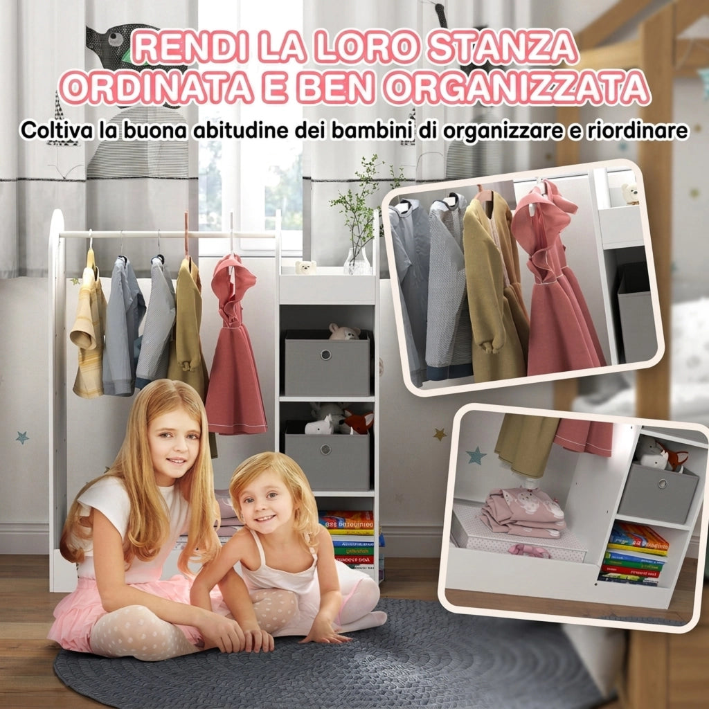 Appendiabiti per Bambini 3-8 Anni 92x36x106 cm con Ripiani 2 Scatole Asta Appendiabiti e Specchio in MDF Bianco