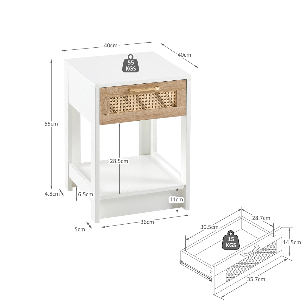 Comodino in rattan con cassetto per camera da letto e soggiorno in MDF naturale e bianco 40 × 40 × 55 cm