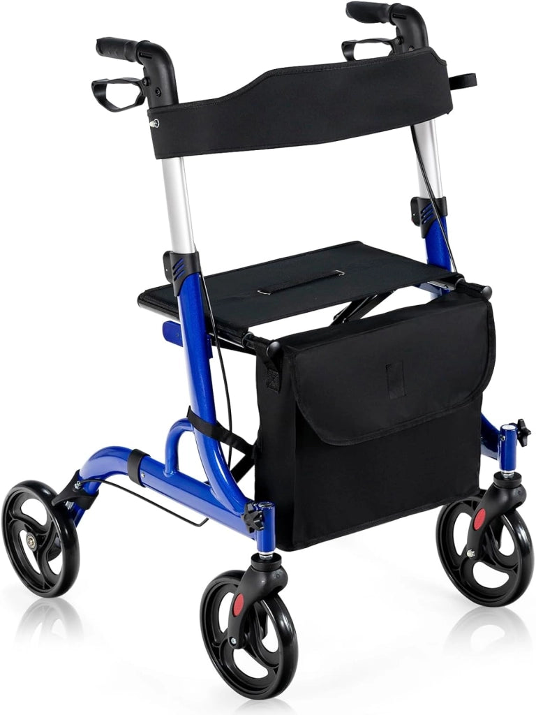 Deambulatore con Seduta 2 in 1, Rollator Pieghevole, Deambulatore per Anziani con 4 Ruote, Maniglie Regolabili Freni, con Doppia Funzione Schienale Reversibile e Borsa Portaoggetti (Rosso)