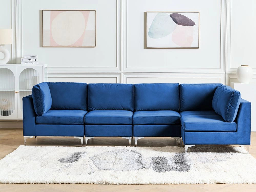 Divano ad angolo componibile versione sinistra a 5 posti in velluto blu marino con gambe in metallo argento stile glamour