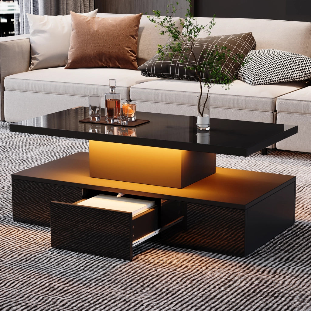 Tavolino da caffè 100x50x39 cm; LED dimmerabile con vano aperto e cassetto; truciolare nero