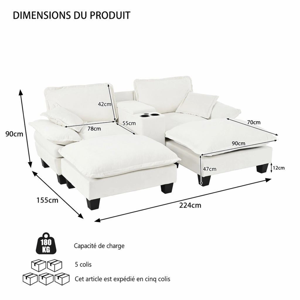 Divano modulare con portabicchieri, vano contenitore e porte USB in chenille beige 224 × 151 × 90 cm