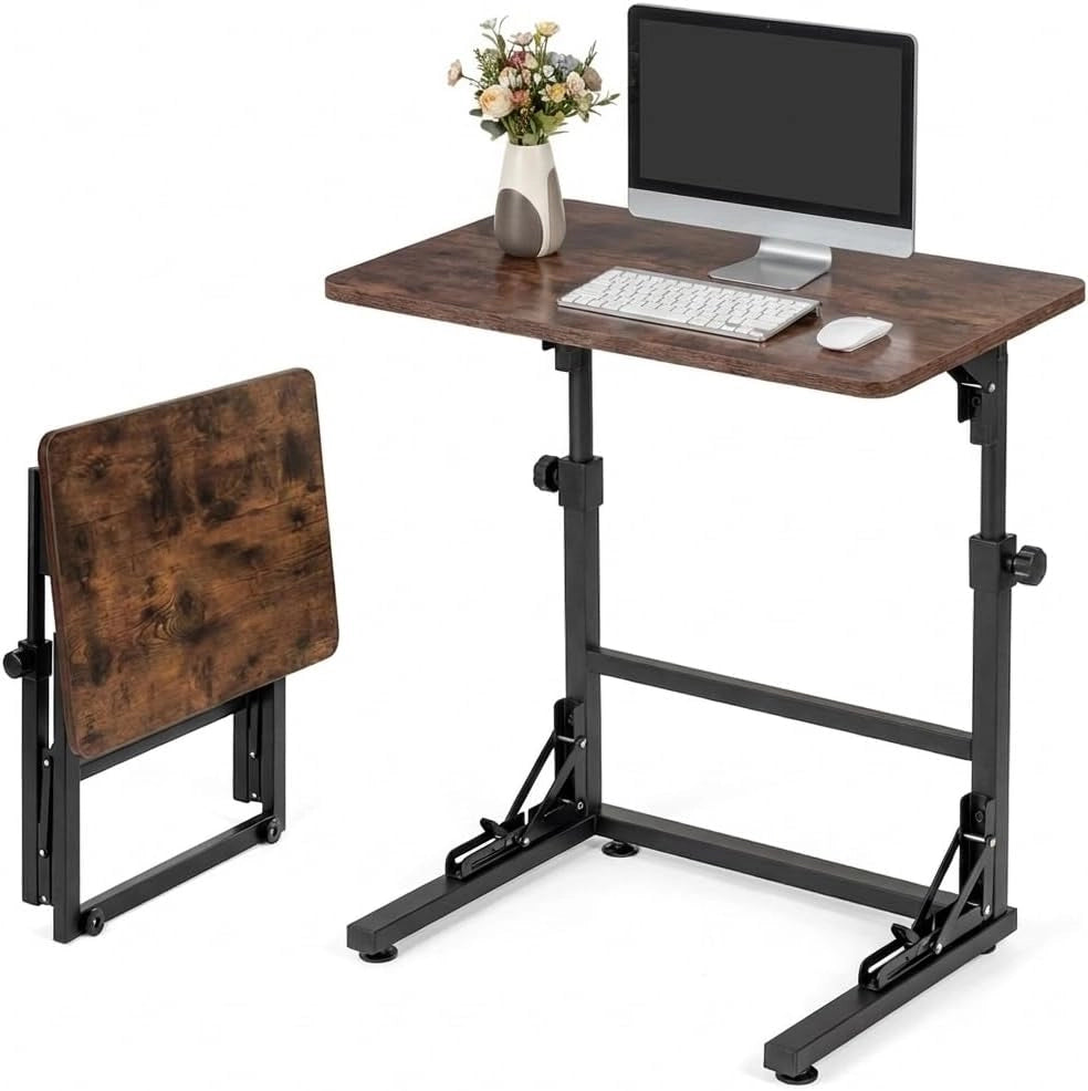 Tavolino Pieghevole a Forma di C, Tavolino da Divano Regolabile in Altezza con Struttura in Metallo, 59,5 x 39 cm Scrivania per Laptop per Soggiorno, Camera da Letto, Marrone Rustico