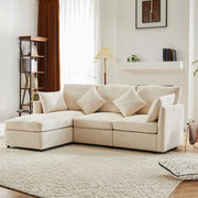 Divano modulare 3 posti con pouf mobile e 4 cuscini in ciniglia beige