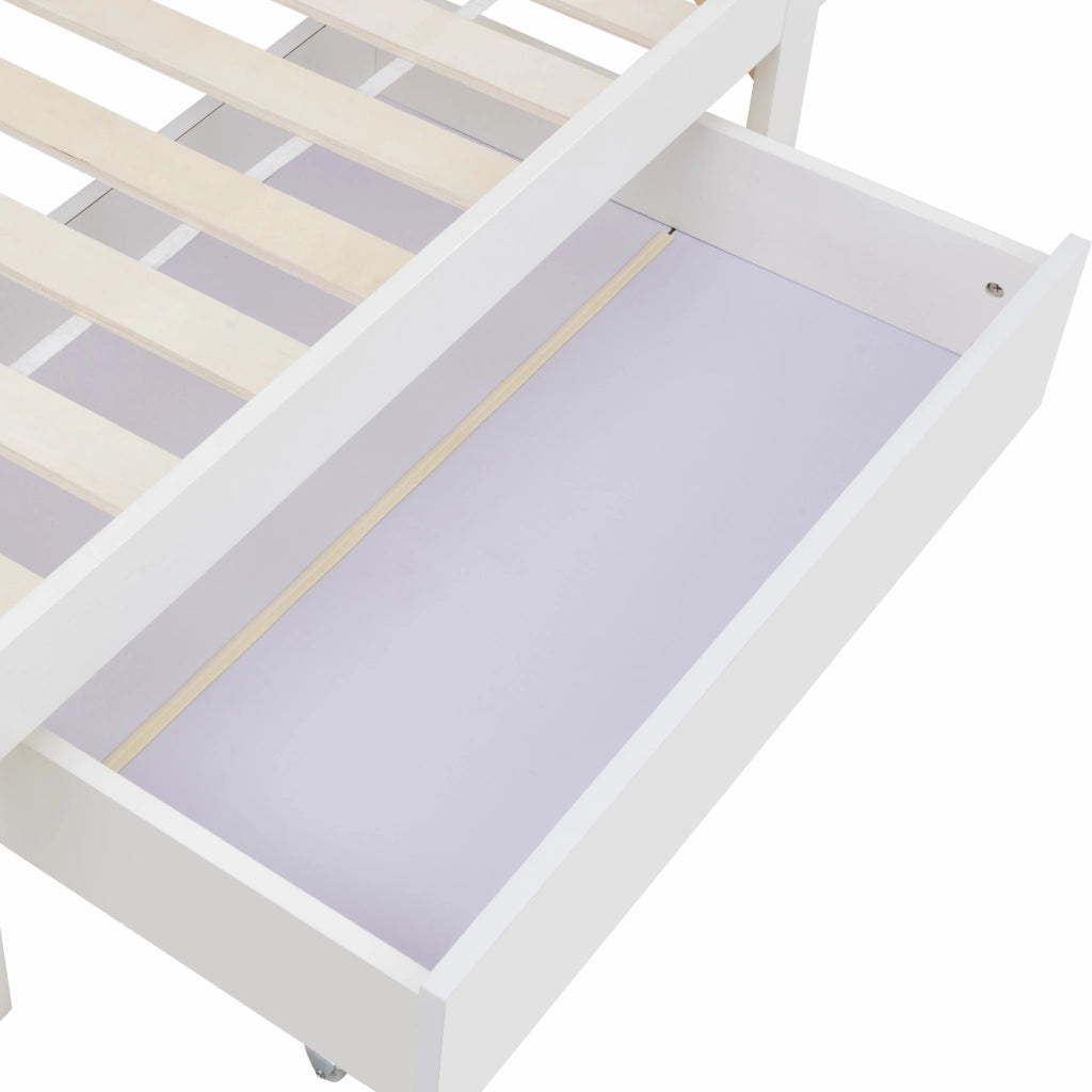 OKWISH Letto con Cassetti 90×200 cm, Letto Singolo con Testiera Libreria e 1 Cassetto, senza Materasso, in Legno Massello, Bianco