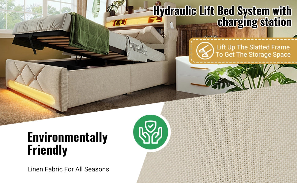 Letto Imbottito Matrimoniale con Contenitore Idraulico e LED ¨C MINIMAL ¨C Beige, Tessuto, 140x200