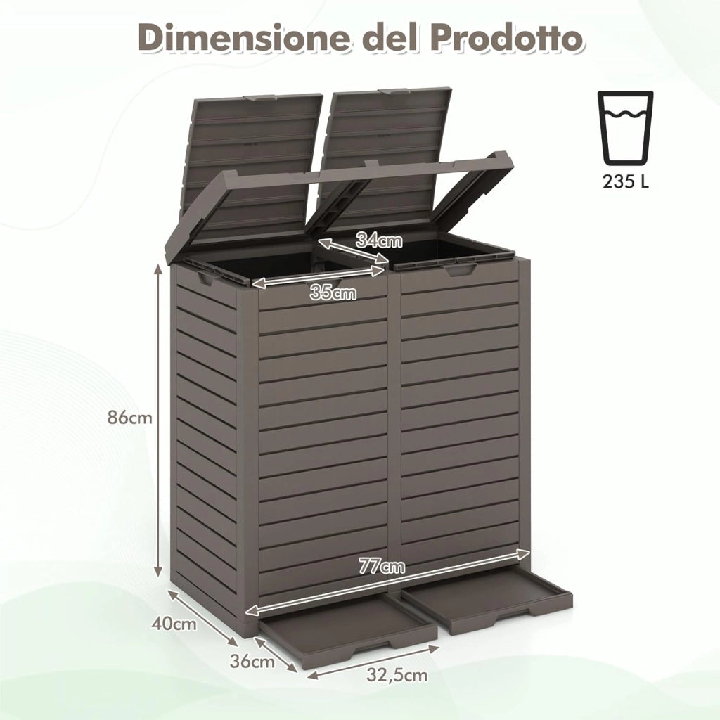 Pattumiera per Rifiuti Esterno e Interno 235 L, Contenitore per Raccolta Differenziata a Doppio Secchio Impermeabile con Coperchio, Vassoio e Maniglia, Bidone per Terrazza e Cucina (Marrone)
