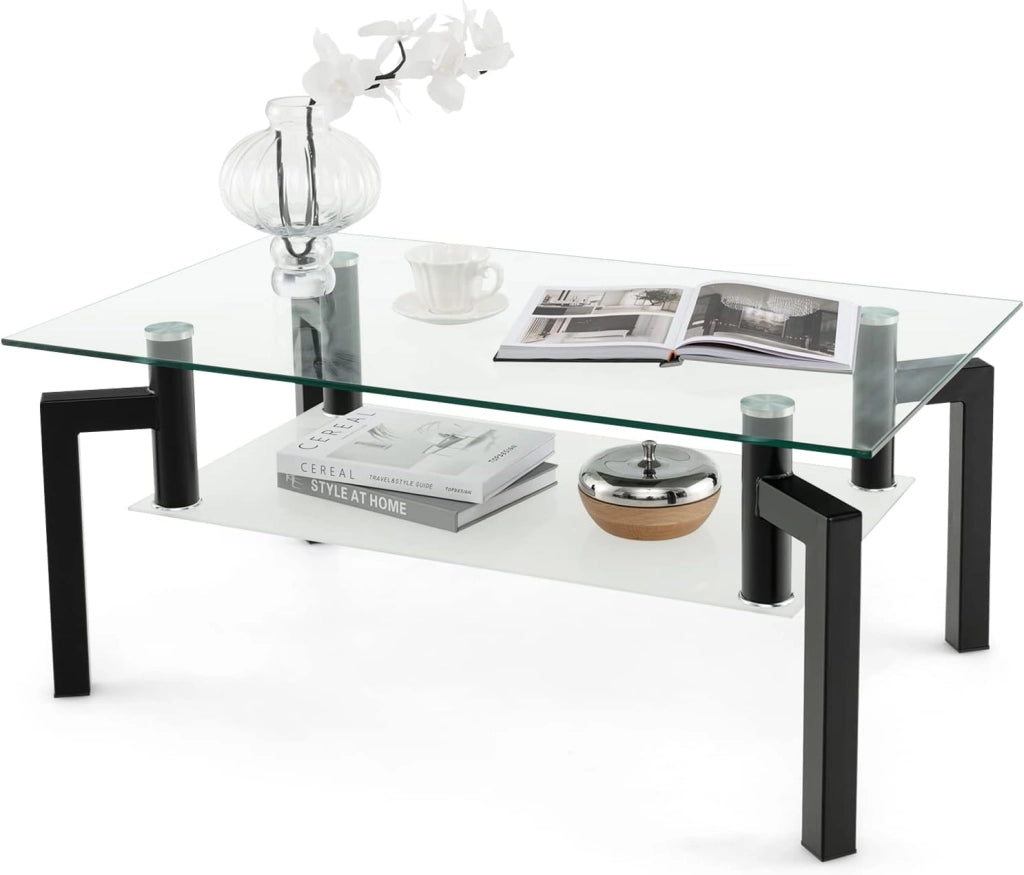 Tavolino da Salotto in Vetro Temperato Moderno, Tavolo Basso Rettangolare a 2 Livelli con Struttura in Metallo, Tavolino da Caffè per Soggiorno e Ufficio, 100 x 60 x 43 cm