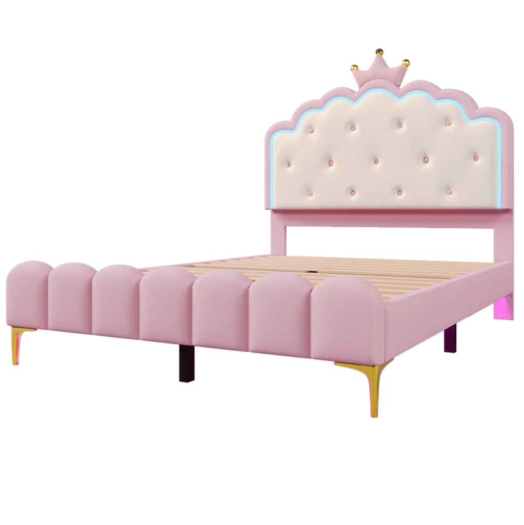 Letto principessa 140x200 cm con luci LED controllabili da app; PU; rosa (Senza materasso)