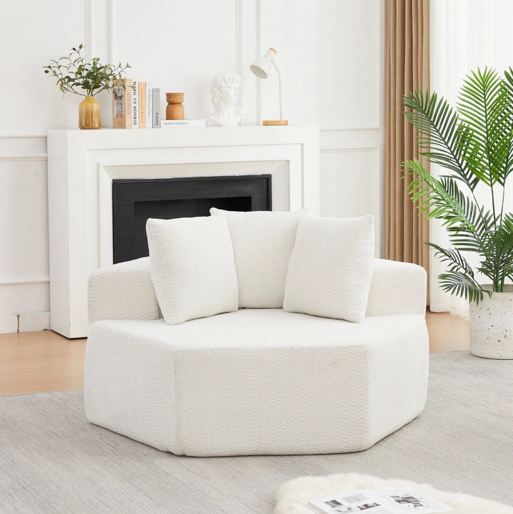 Poltrona lounge singola esagonale modulare in chenille beige con 3 cuscini