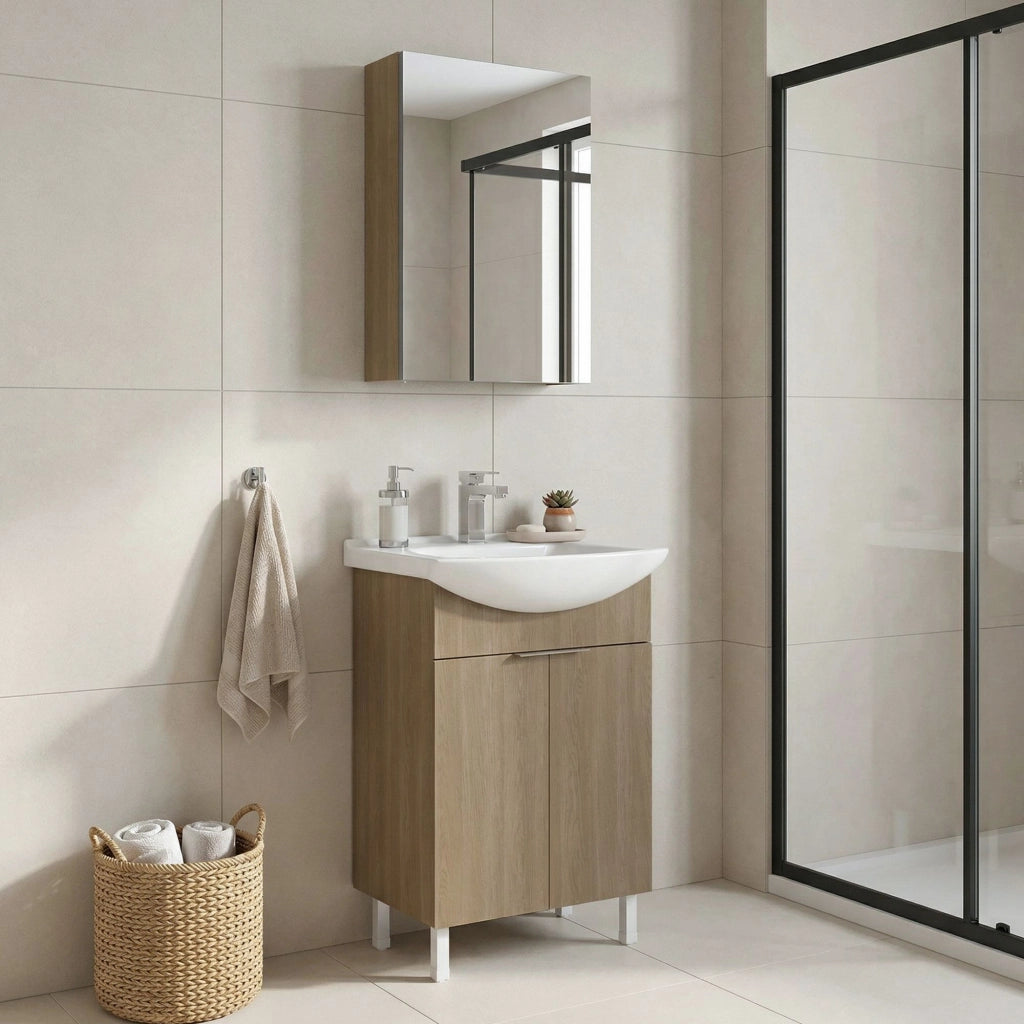 Set mobile lavabo con specchio (2 pezzi) "Purus 55" - 55 x 50 x 83 cm - Rovere