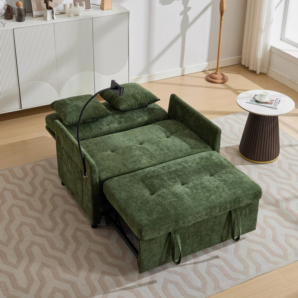 Divano letto multifunzione in tessuto verde con porta USB e supporto per tablet per soggiorno 109 × 72 × 83,5 cm