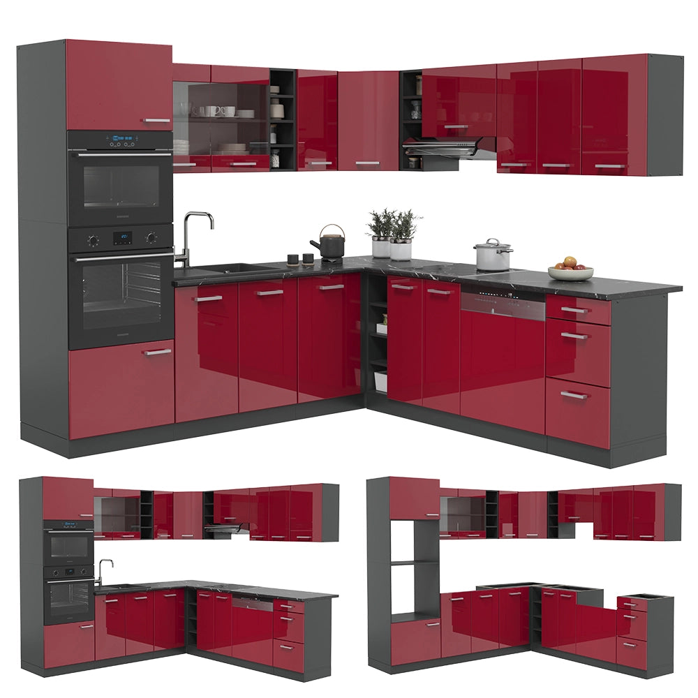 Vicco Cucina angolare completa Rosso lucido/antracite 247 x 60 cm , PL Rovere