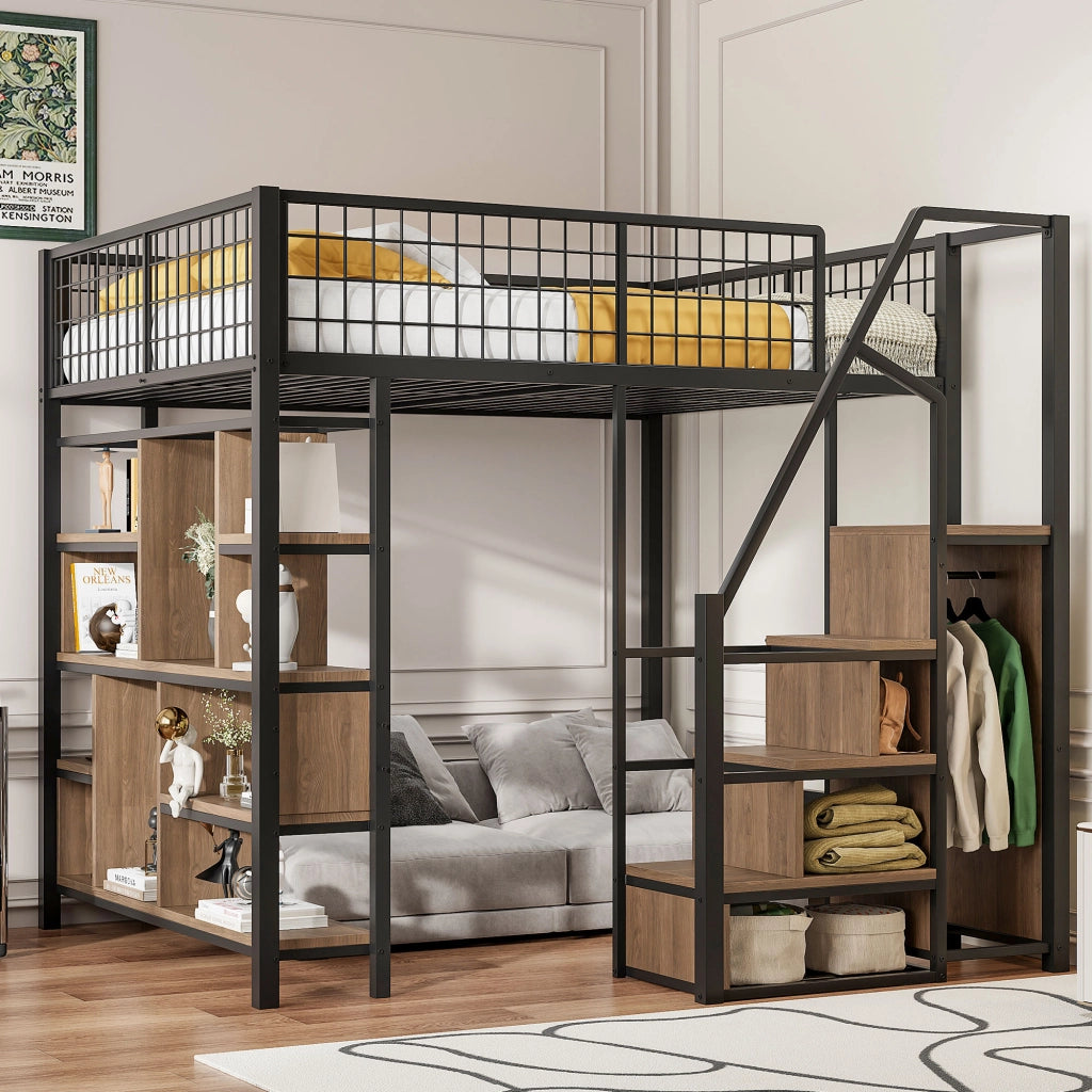 OKWISH Letto a Soppalco 140×200 cm, Letto Matrimoniale con Scala Contenitore, Ripiani e Vani, senza Materasso, Metallo e Legno, Nero
