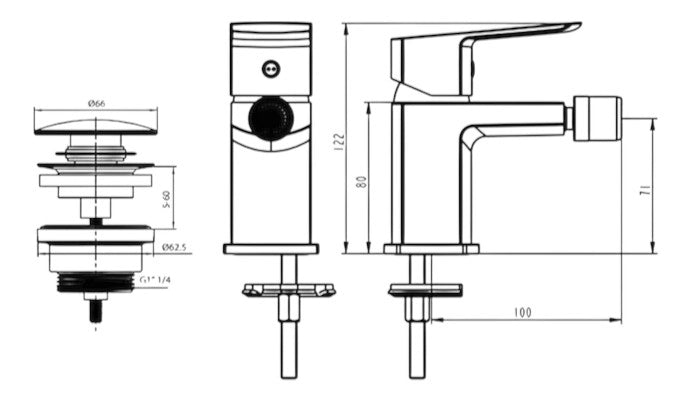 Miscelatore Bidet Cromato con Piletta Click Clack in Ottone 1”1/4 – Cartuccia Ø35 mm