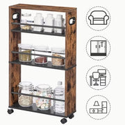 Carrello da Cucina 4 Livelli – Piccola Carrozza da Servire con Ruote 360° Girevoli, Cassetto di Archiviazione Stabile per Cucina, Bagno o Lavanderia, Design Industriale, 45 × 15 × 80 cm, Marrone Scuro
