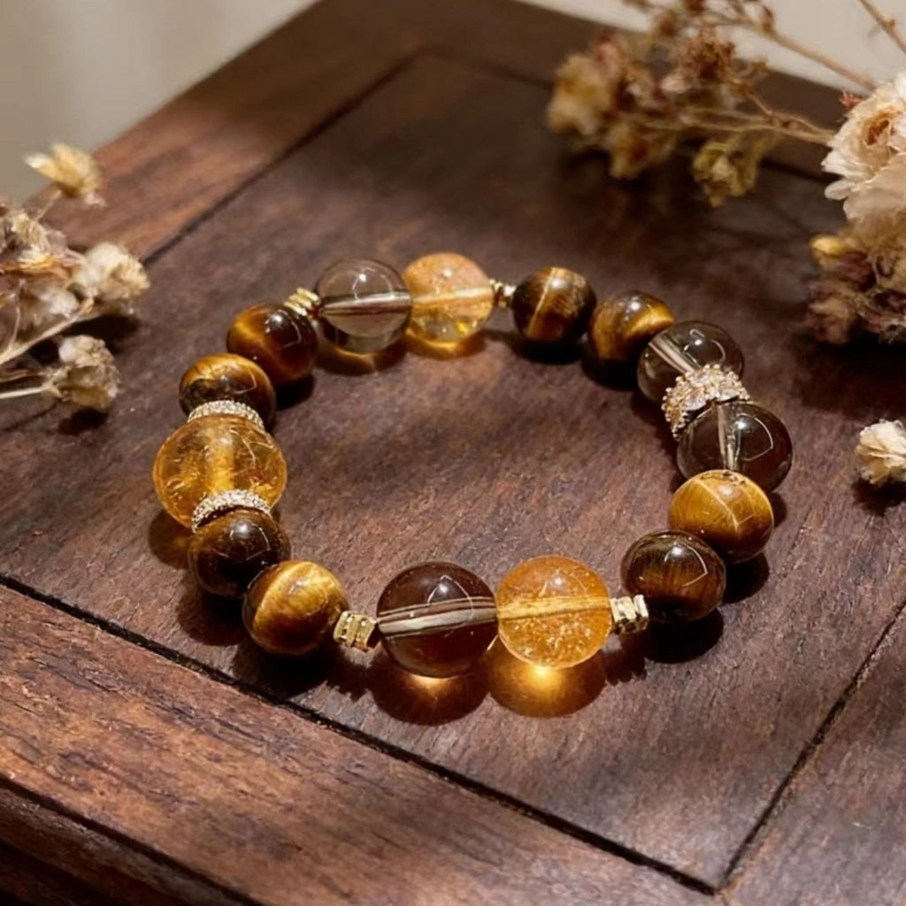 Bracciale grande con perline di quarzo rutilato citrino per uomo e donna, bracciale con pietra naturale occhio di tigre