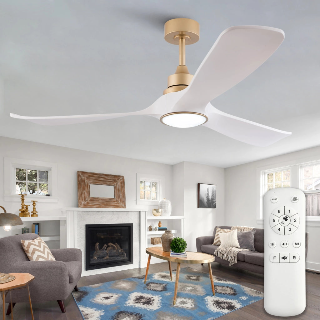 Ventilatore da soffitto bianco-oro 52 pollici con luce e telecomando, funzione memoria, motore DC silenzioso reversibile, 3 pale ABS