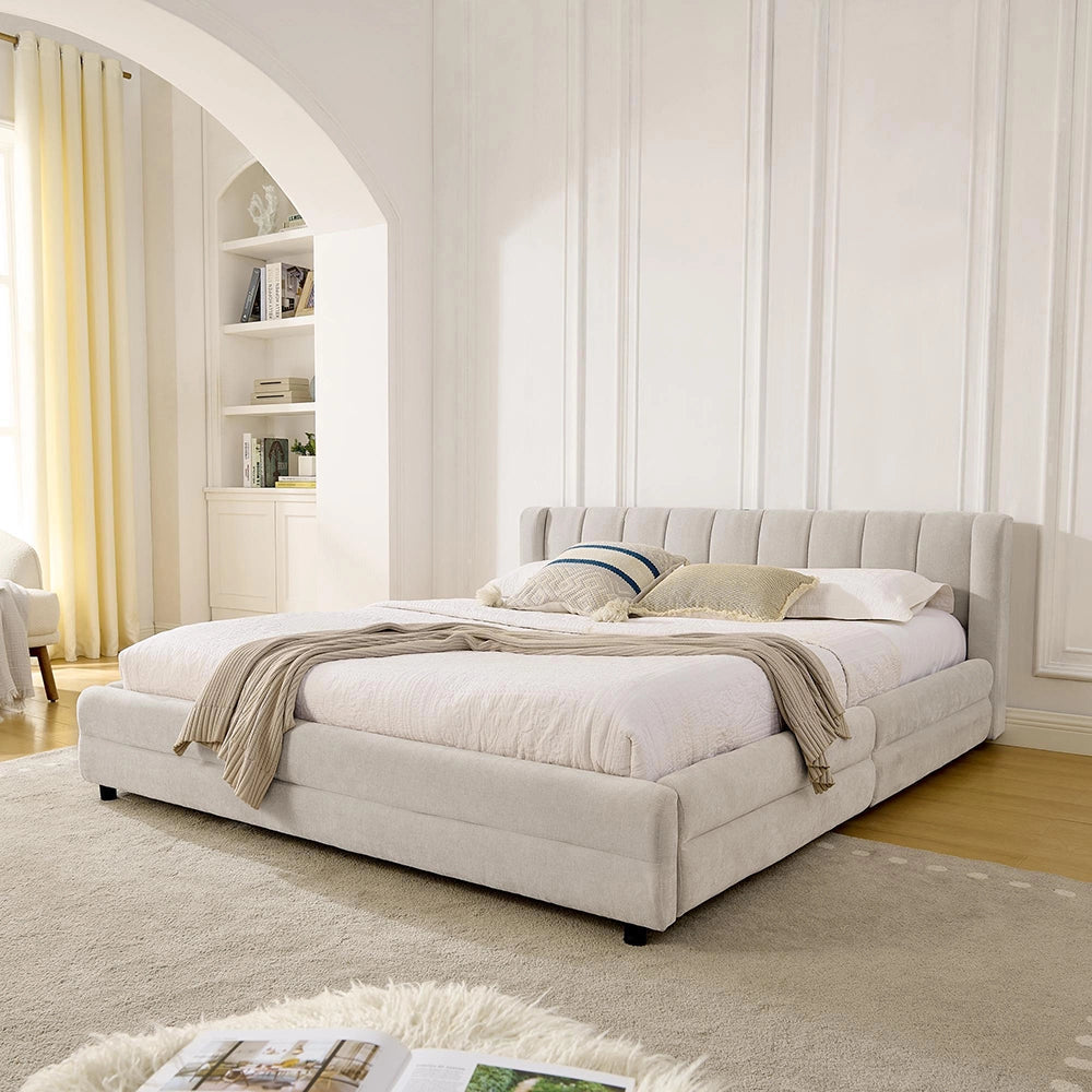 Letto matrimoniale con vani laterali - Xylo - 160x200 cm - Beige - USB, tessuto morbido