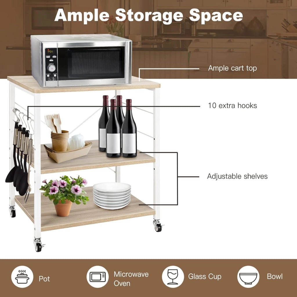 Carrello da Cucina a 3 Livelli con Ripiani Regolabili, Carrello Portaoggetti con 10 Ganci Rimovibili, per Supporto per Microonde, per Cucina e Sala da Pranzo, 60 x 40 x 73 cm (Beige)