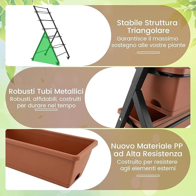 Letto da Giardino a 5 Livelli con 5 Contenitori per Piante, Drenaggio dell'Acqua e Ruote, Fioriere Rialzate in Metallo e PP per Verdure, Fiori ed Erbe, da Patio, Terrazzo e Balcone