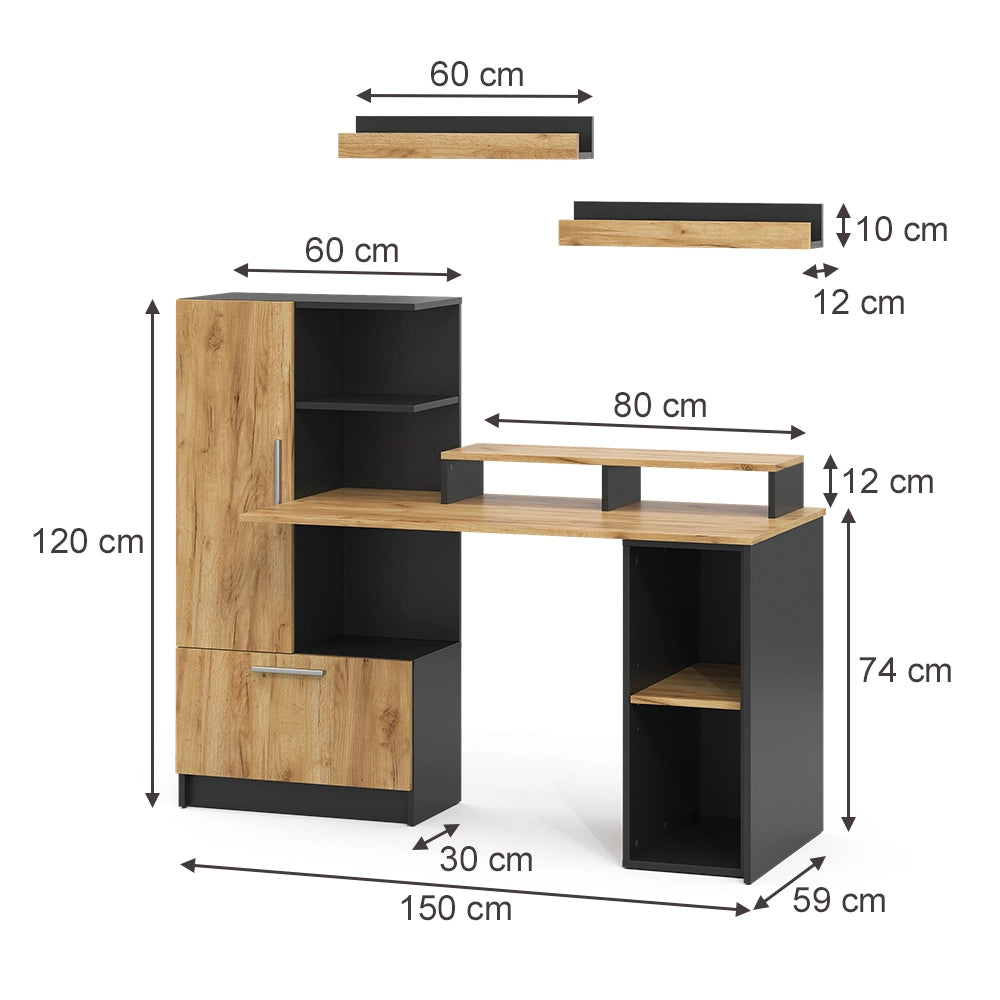 Set scrivania Tomy Antracite/Rovere dorato 150 x 59 cm Set di 5 Vicco