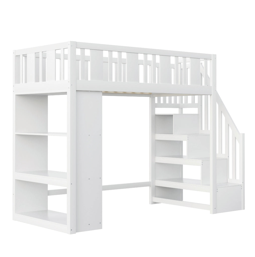 Letto a soppalco per bambini 90x200 cm con scala contenitore e 3 vani; bianco
